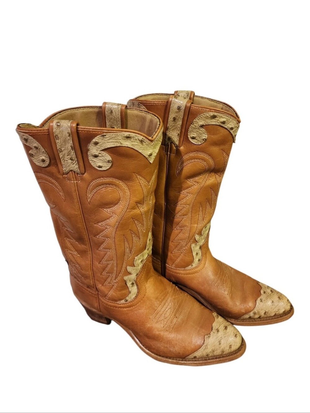 Vintage Womens Tan Leather Cowboy Boots w Ostrich Skin Accents sz 6